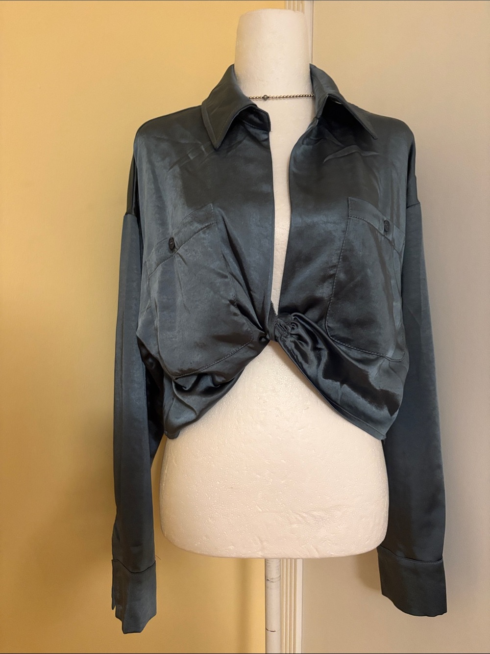 She Means Business Satin Shirt Twist-Fro- Slate Blue L